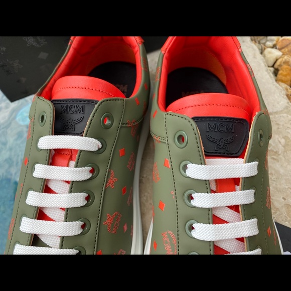 MCM Moss Green Visetos Leather Men's Sneakers - Picture 4 of 9